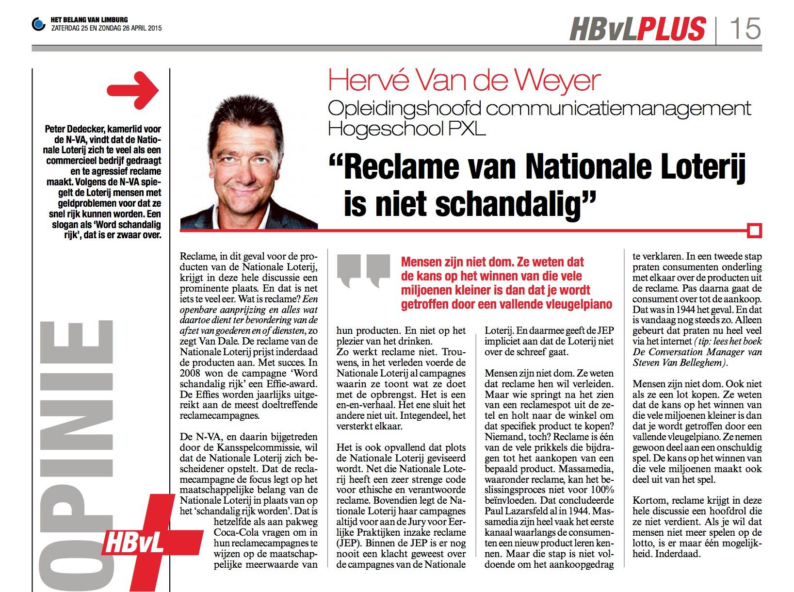 Opiniestuk door Herve Van de Weyer in het Belang van Limburg
